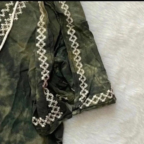 Green Tie‎ Dye Cropped Blouse Embroidered Tassels Peasant Boho Fairycore Small - Picture 10 of 12